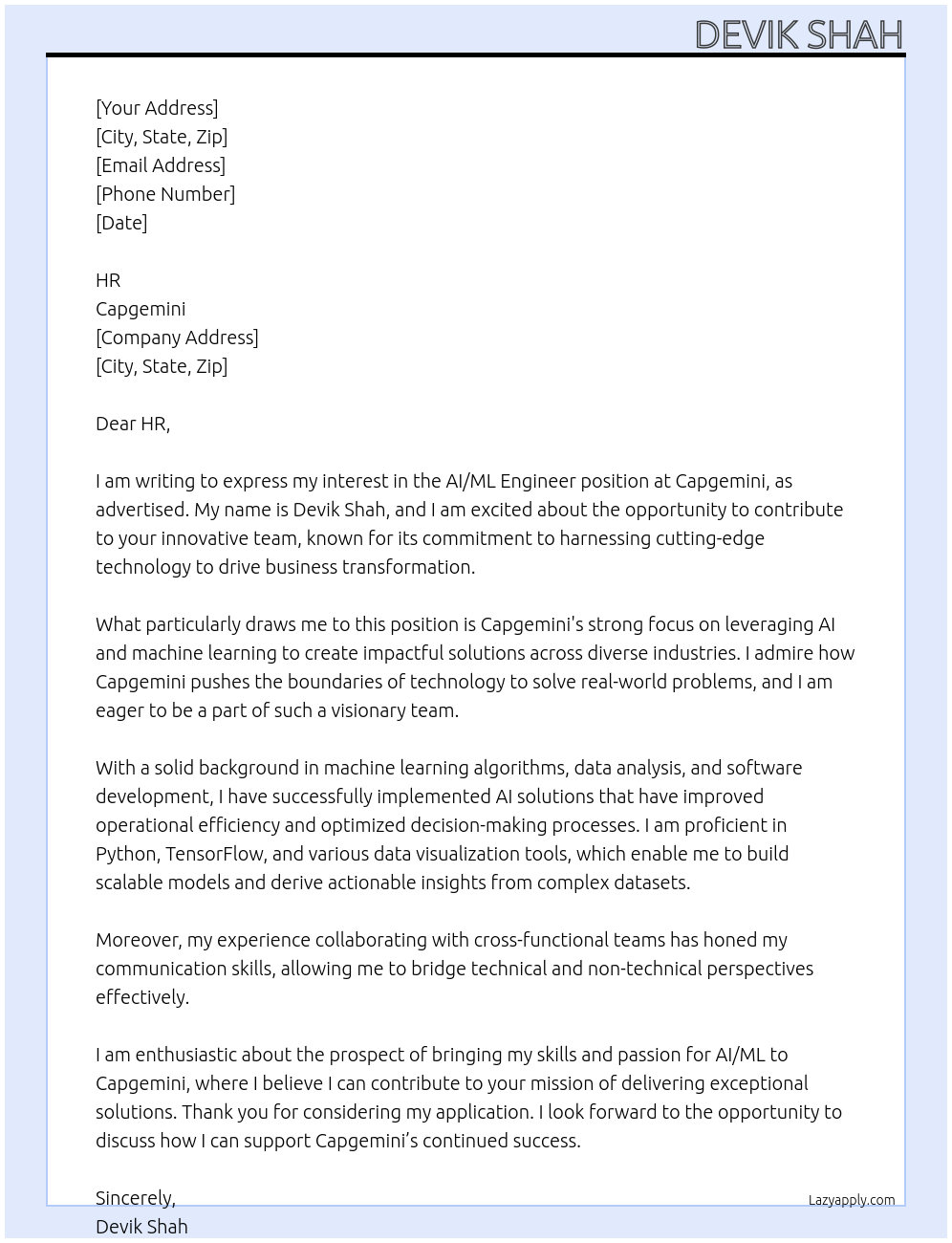 Cover letter for ai ml engineer - LazyApply