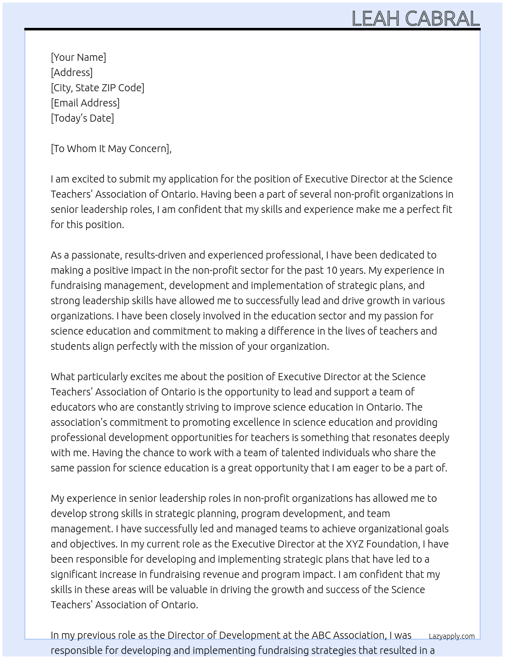 Executive Director At Science Teachers' Association of Ontario Cover Letter