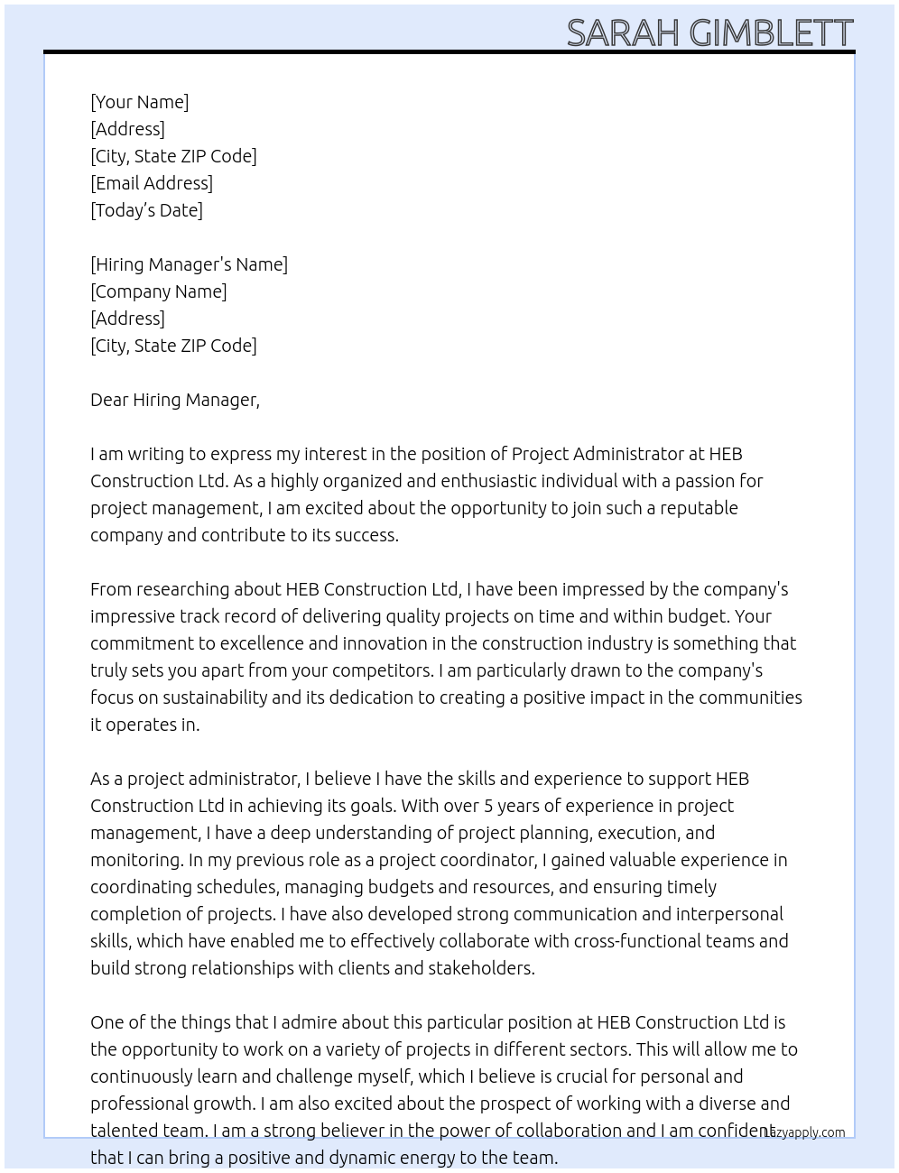 Project Administrator At HEB Construction Ltd Cover Letter