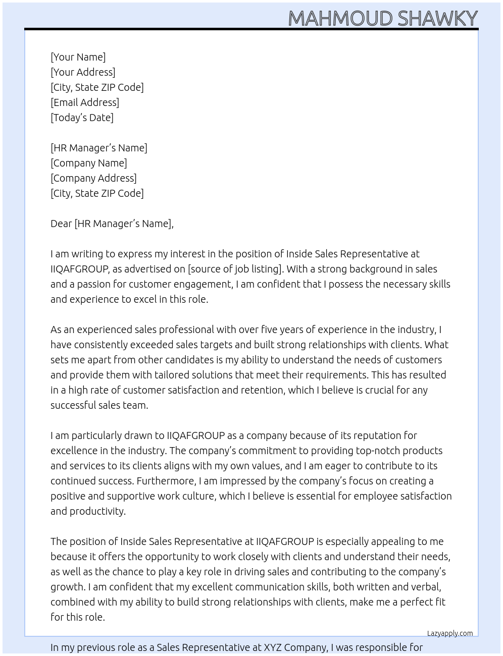 Inside Sales Representative At IIQAFGROUP Cover Letter