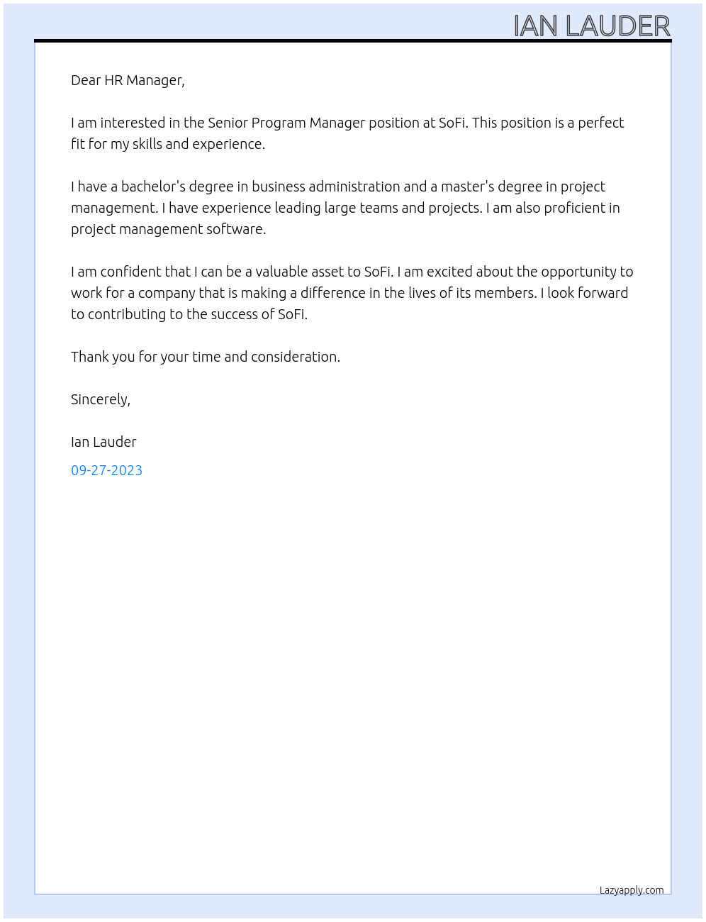 Senior Program Manager At SoFi Cover Letter