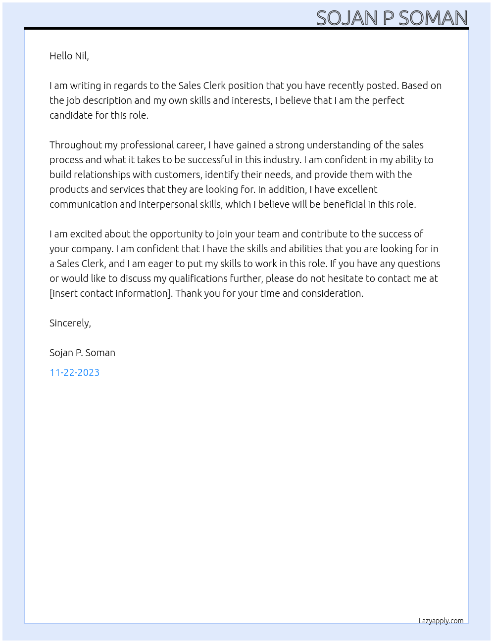 Sales Clerk At Nil Cover Letter