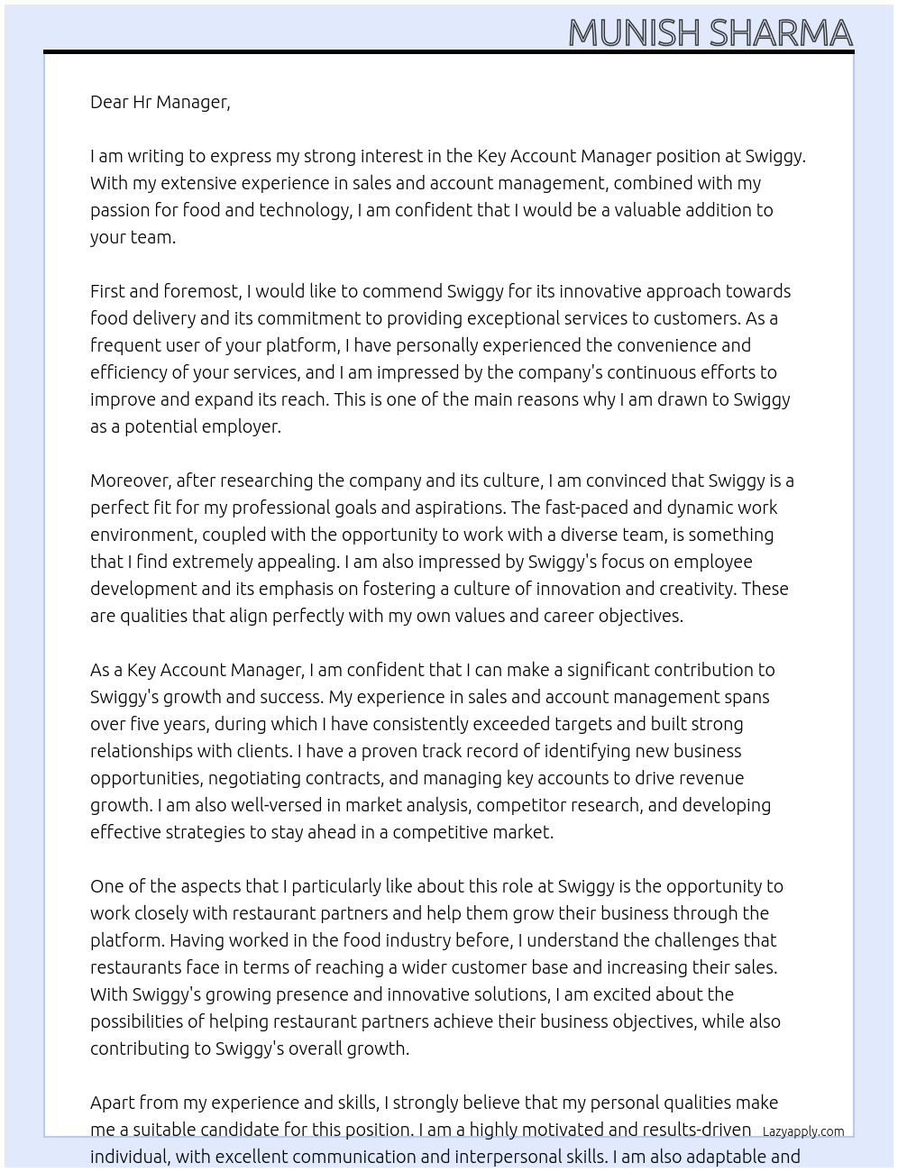 key account manager At swiggy Cover Letter