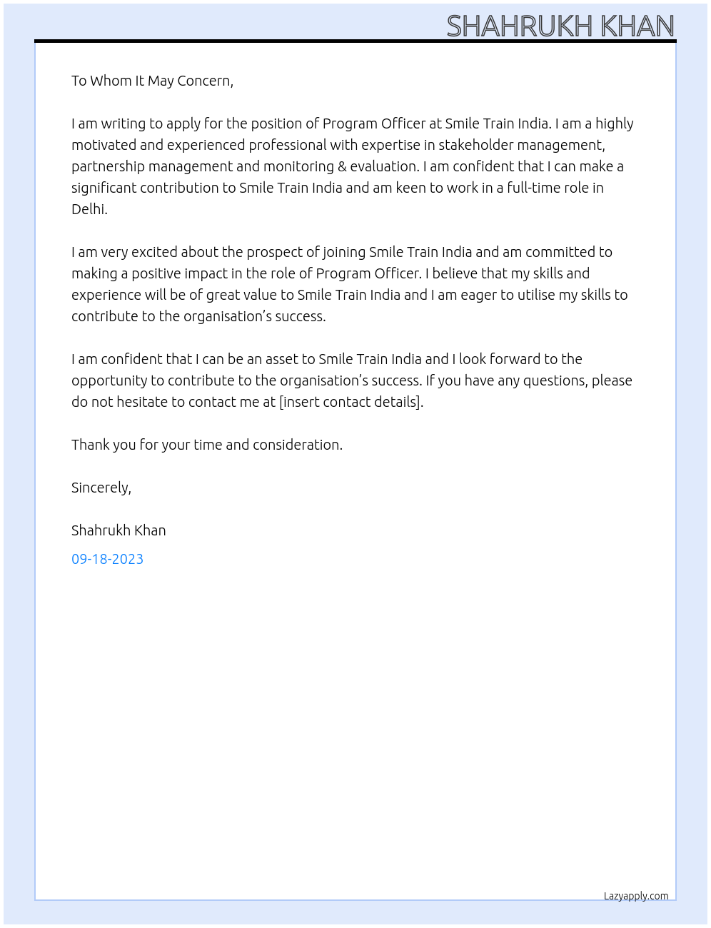 Program Officer At Smile Train India Cover Letter