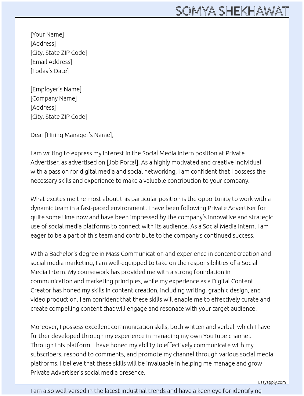 Social Media Intern At Private Advertiser Cover Letter