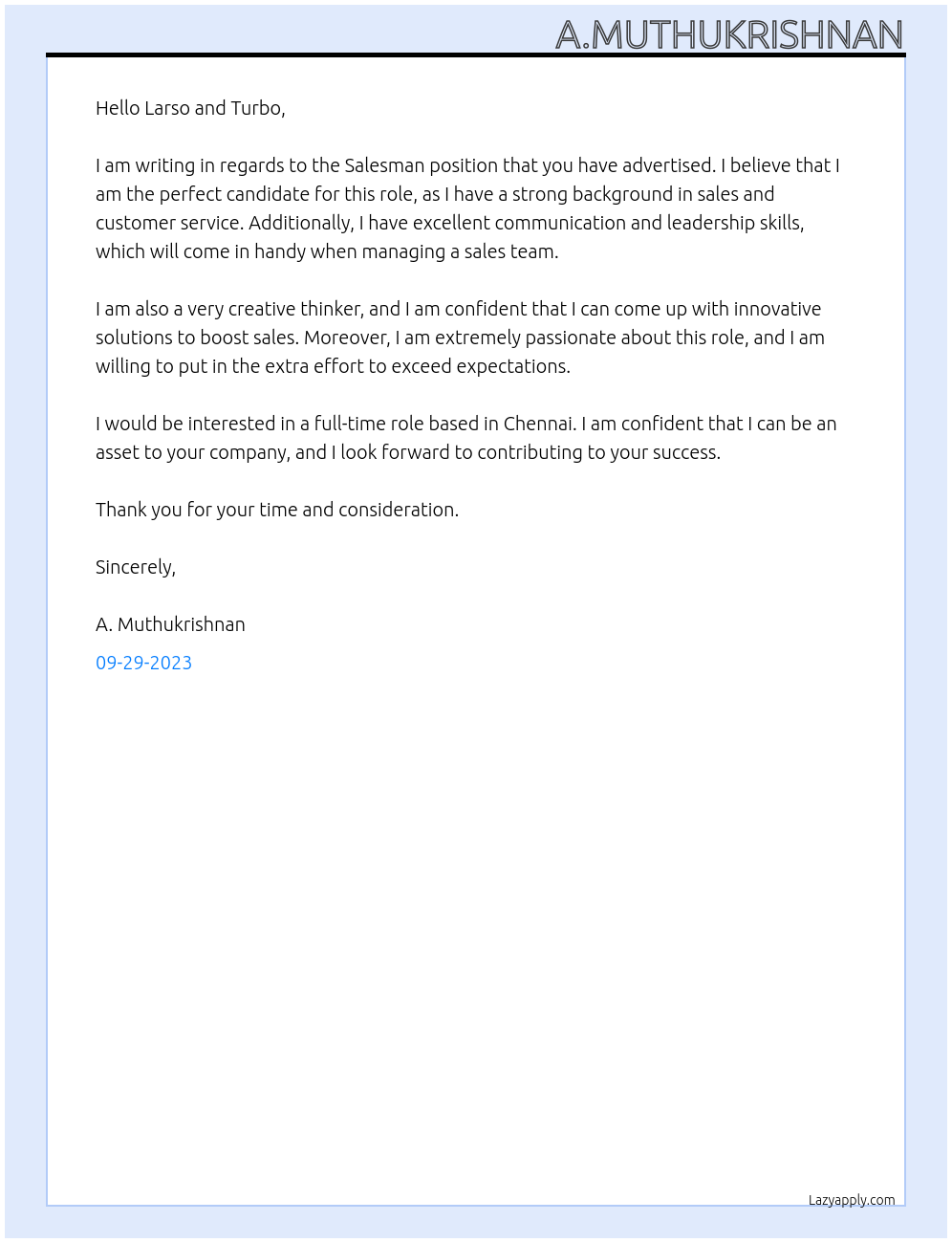 Sales man At Larso and turbo Cover Letter