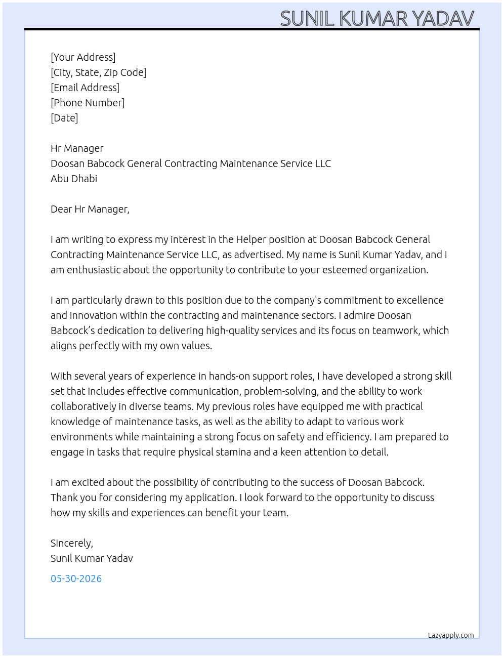 Helper  At Doosan Babcock General Contracting maint service LLC Abu Dhabi  Cover Letter