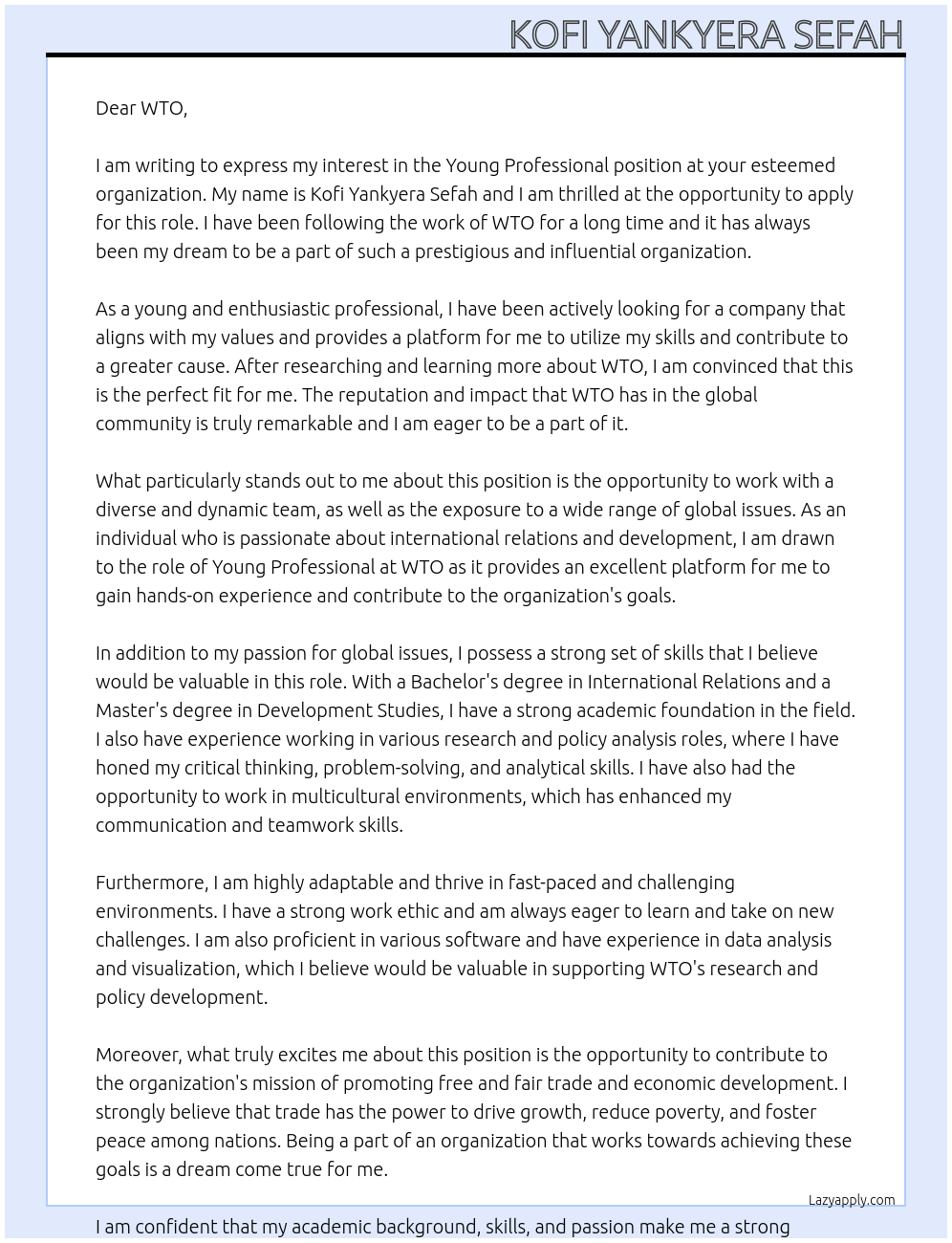 Young Professional At WTO Cover Letter
