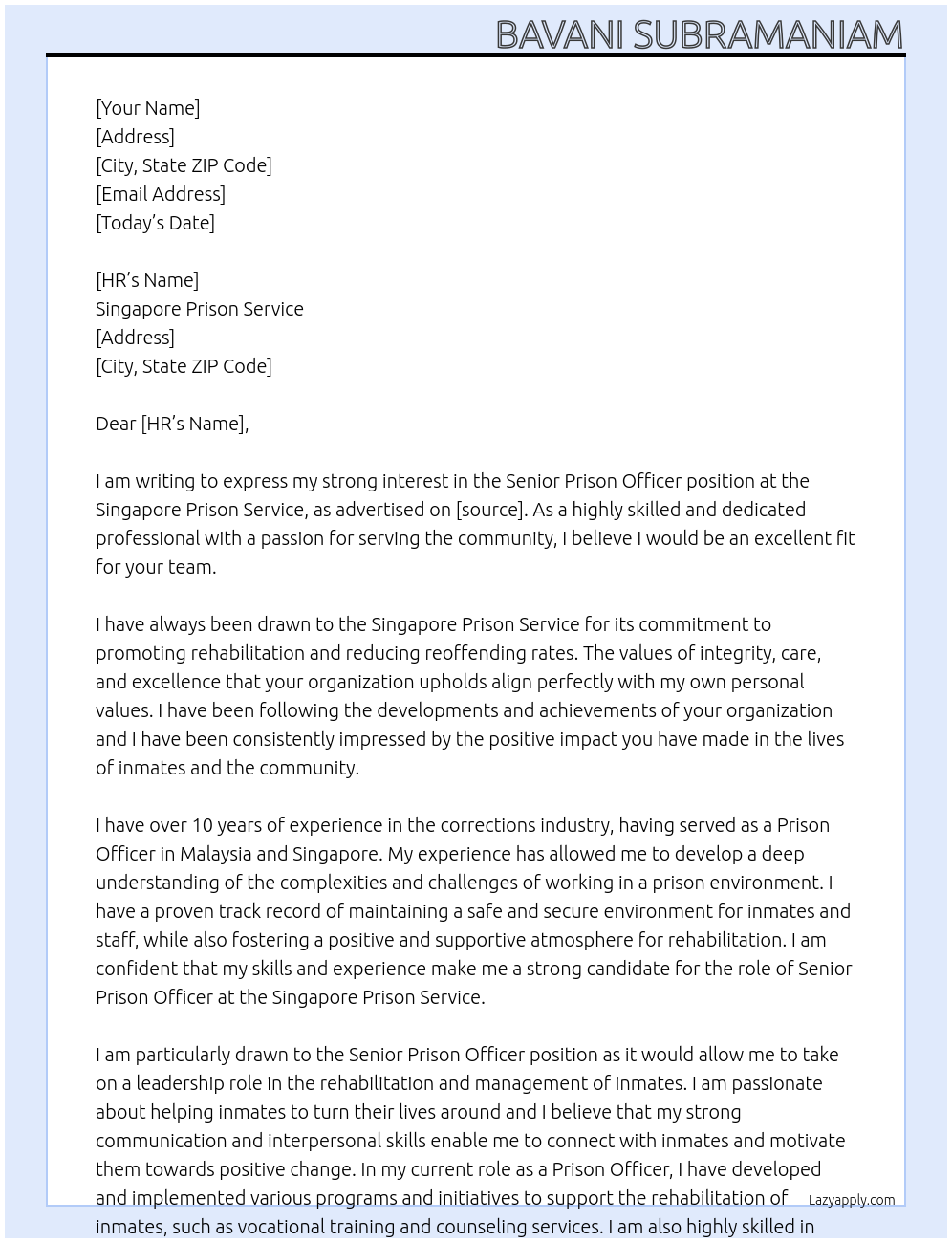Senior Prison Officer At Singapore Prison Service  Cover Letter
