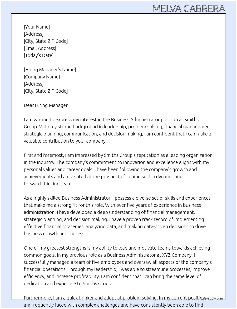 Business Administrator At Smiths Group Cover Letter