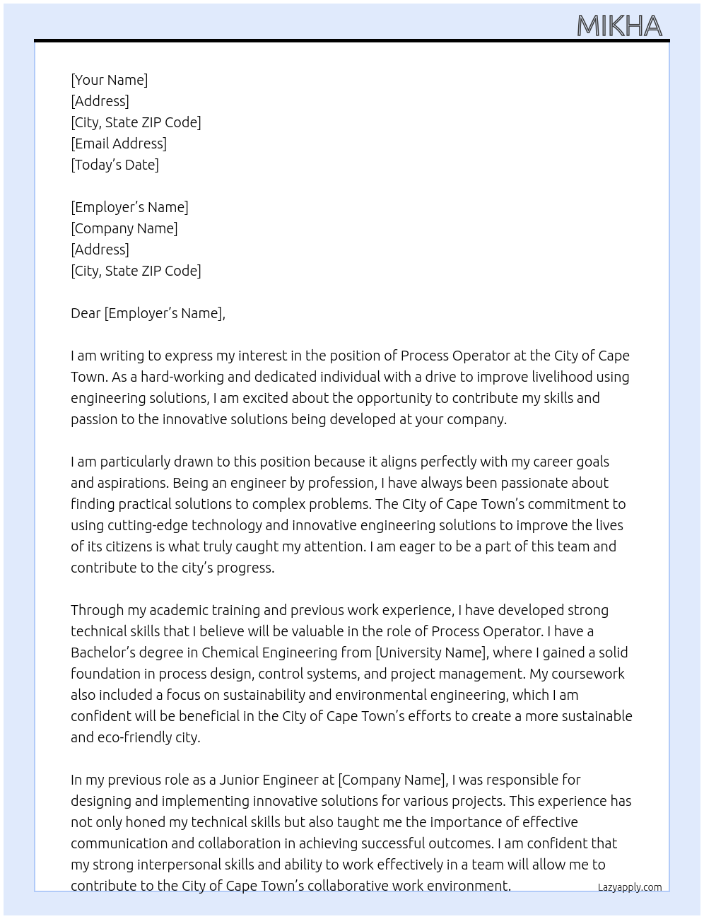 Process operator At City of cape town Cover Letter