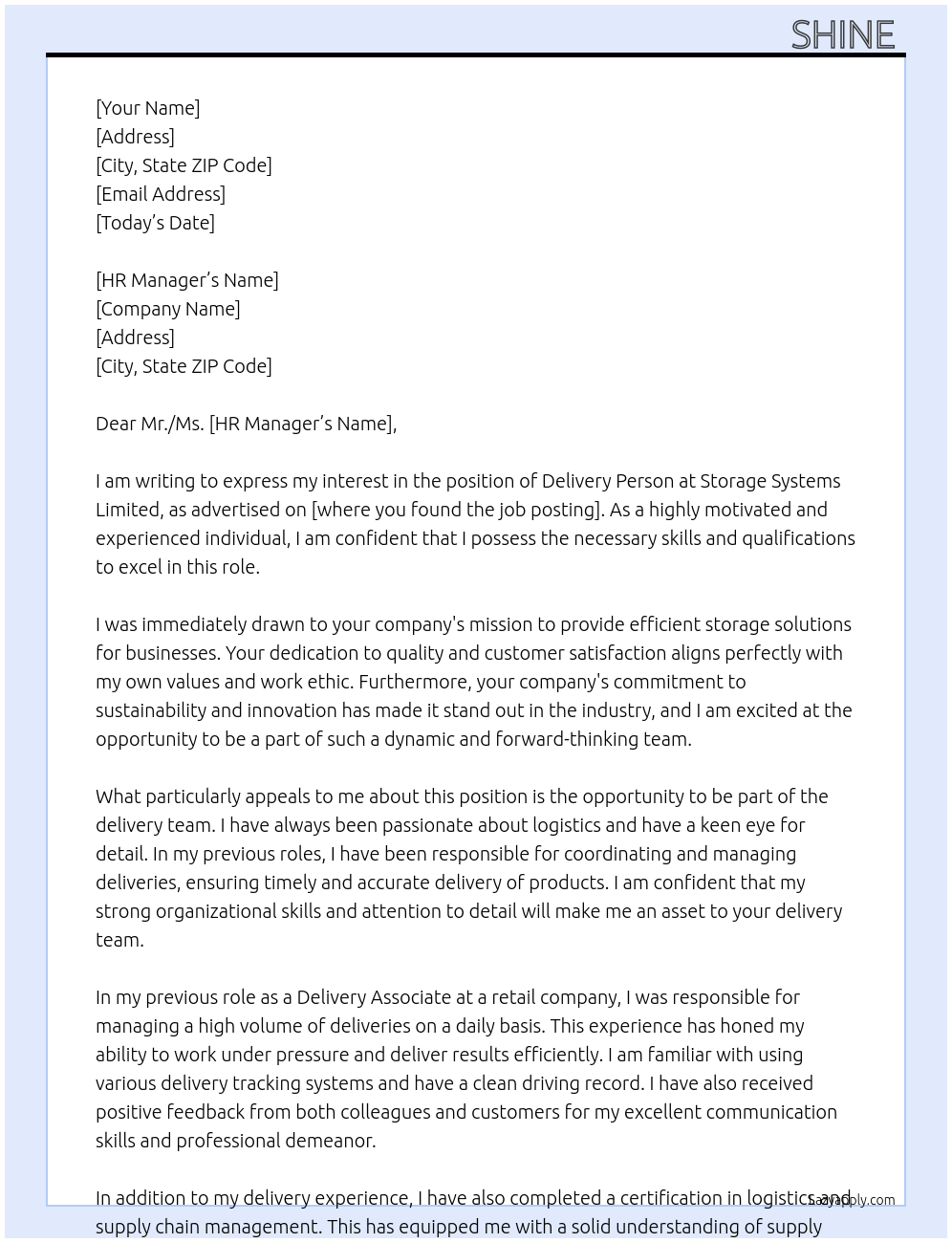 Delivery Person At storage systems limited Cover Letter