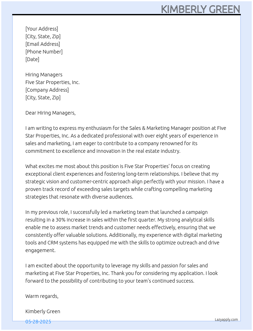 Cover letter for sales & marketing manager - LazyApply