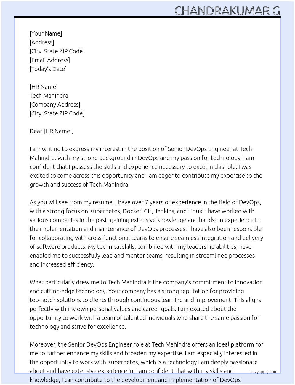 senior devops engineer At tech mahindra Cover Letter