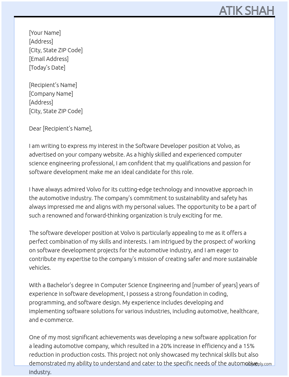 Cover letter for software developer, computer science engineering - LazyApply