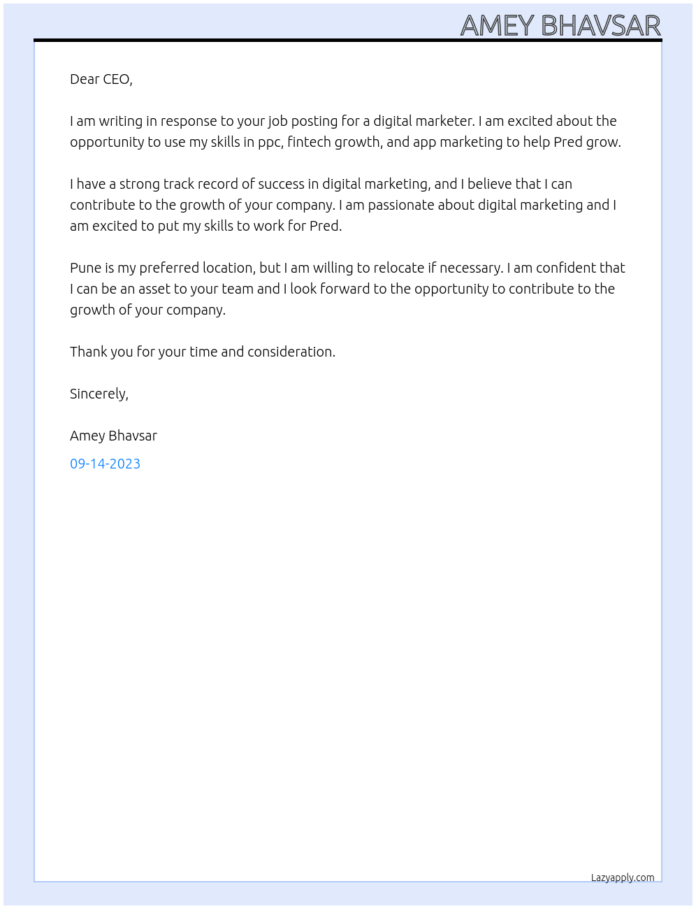 digital marketer At Pred Cover Letter