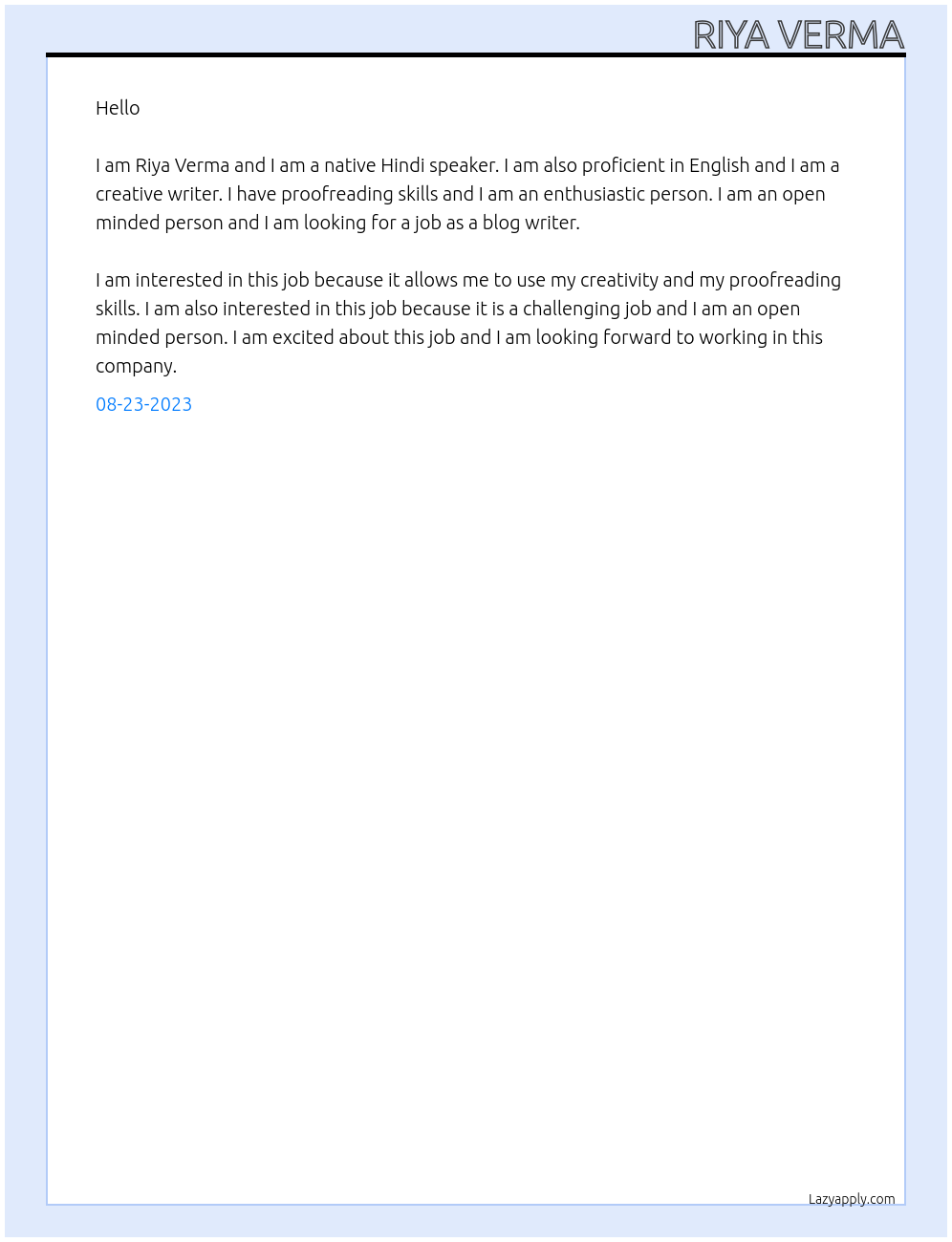 Blog writer At -- Cover Letter