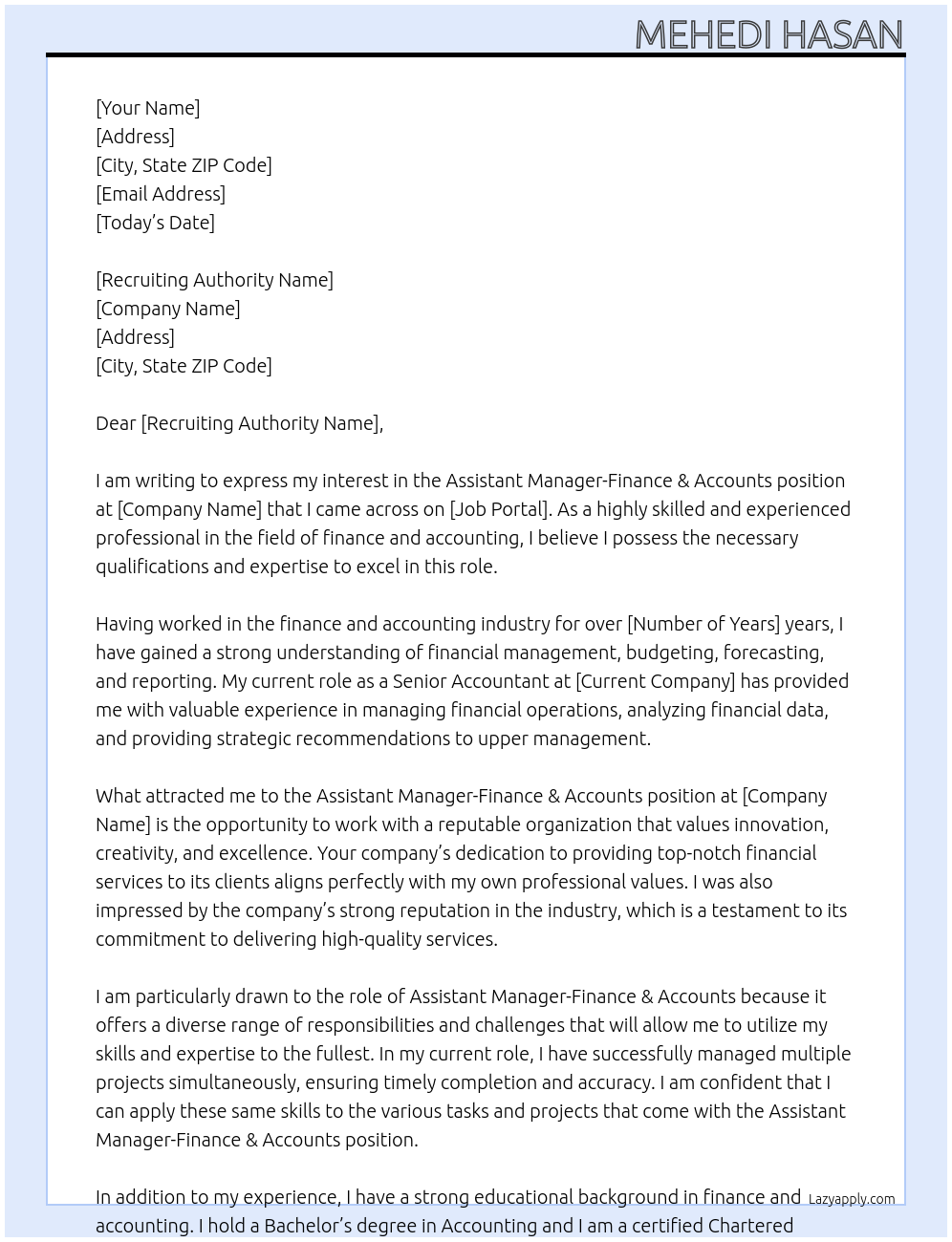 Assistant Manager-Finance & Accounts At firm Cover Letter