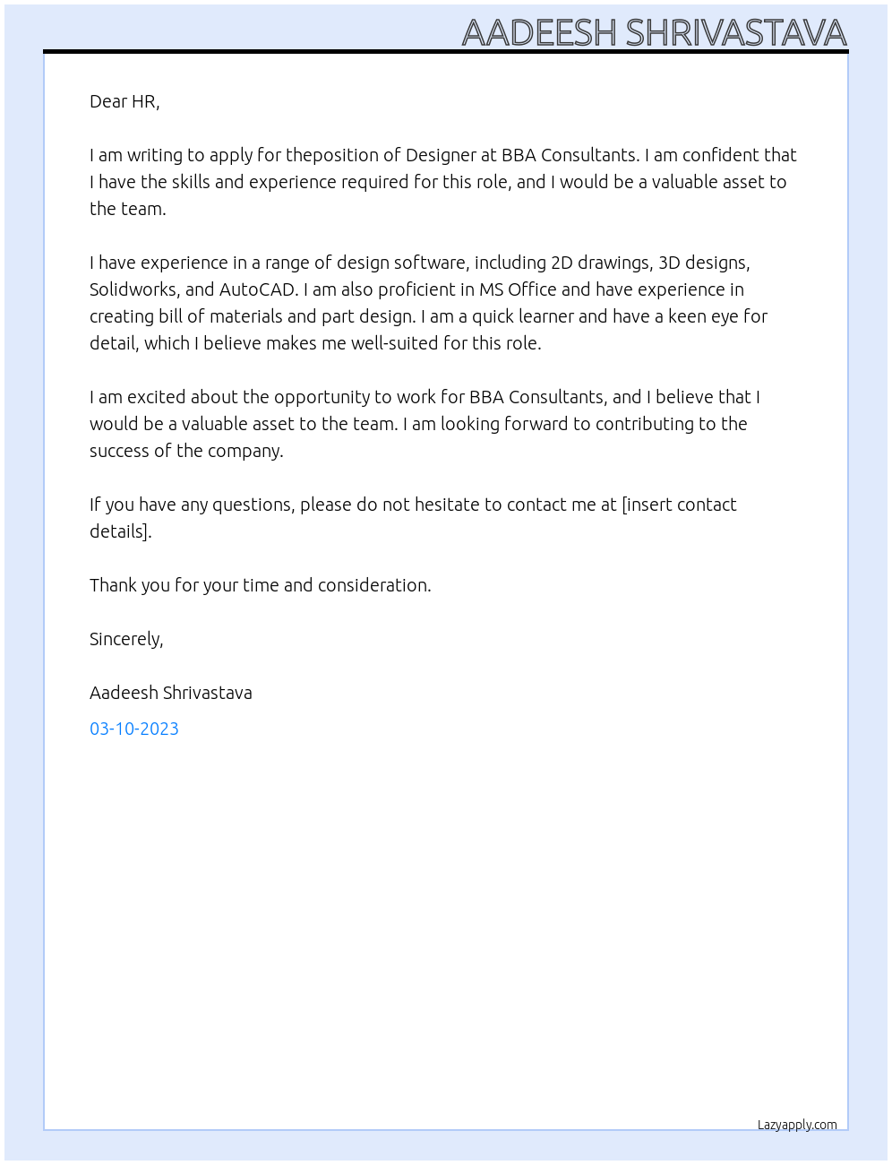 Designer At BBA Consultants Cover Letter