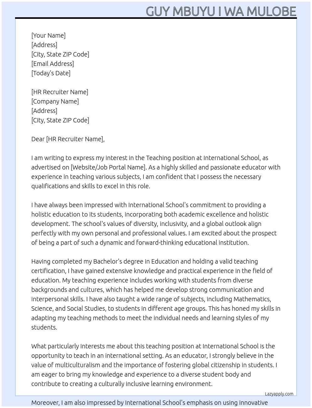 Teaching position At International school Cover Letter