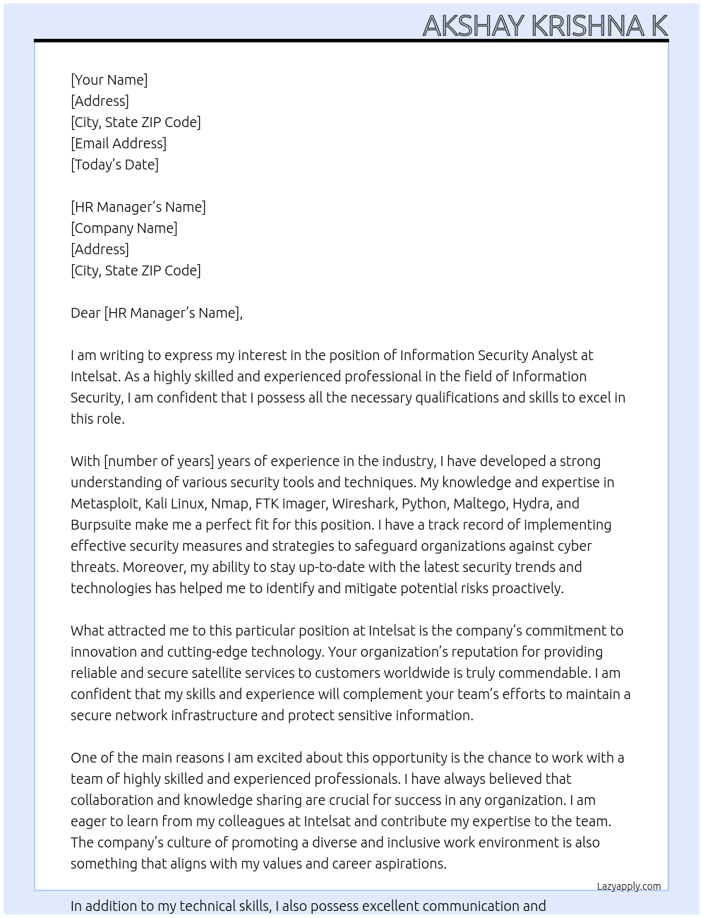 Information Security Analyst At intelsat Cover Letter