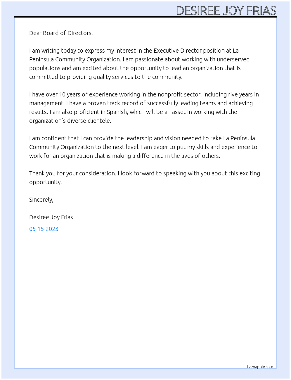 Executive Director At La Península Community Organization Cover Letter