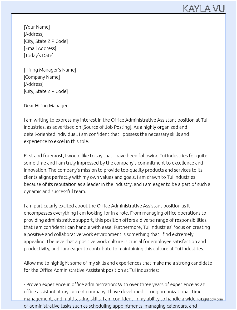 Office Administrative Assistant At Tui Industries Cover Letter