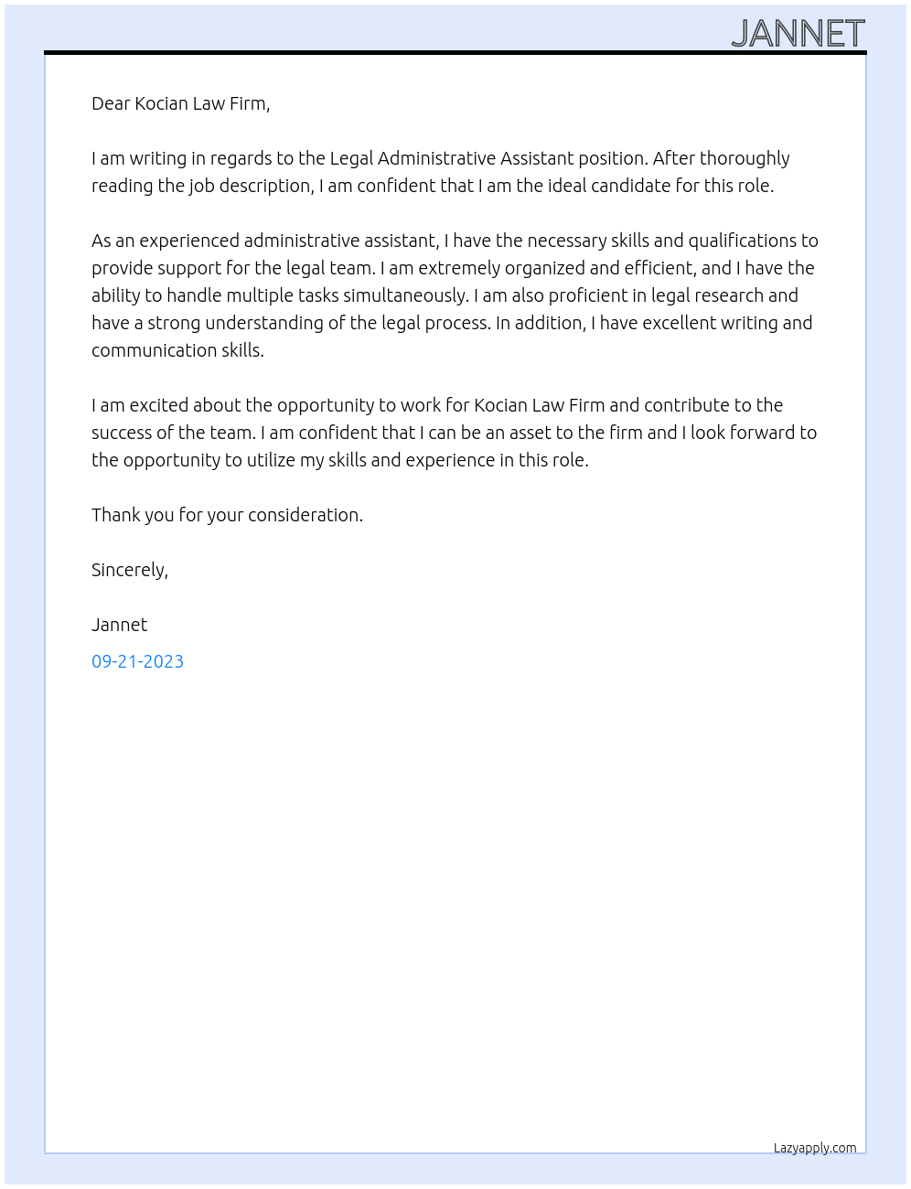 Legal Administrative Assistant At Kocian Law Firm Cover Letter