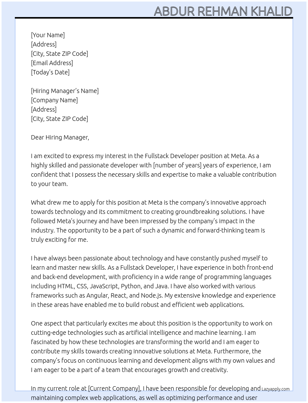 Fullstack Developer At Meta Cover Letter