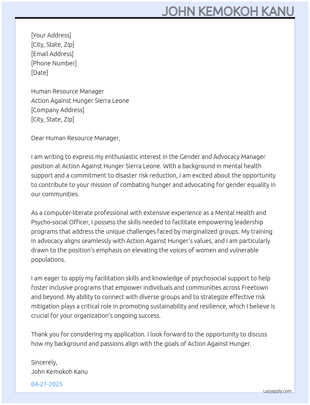 gender and advocacy manager At action aginst hunger sierra leone Cover Letter