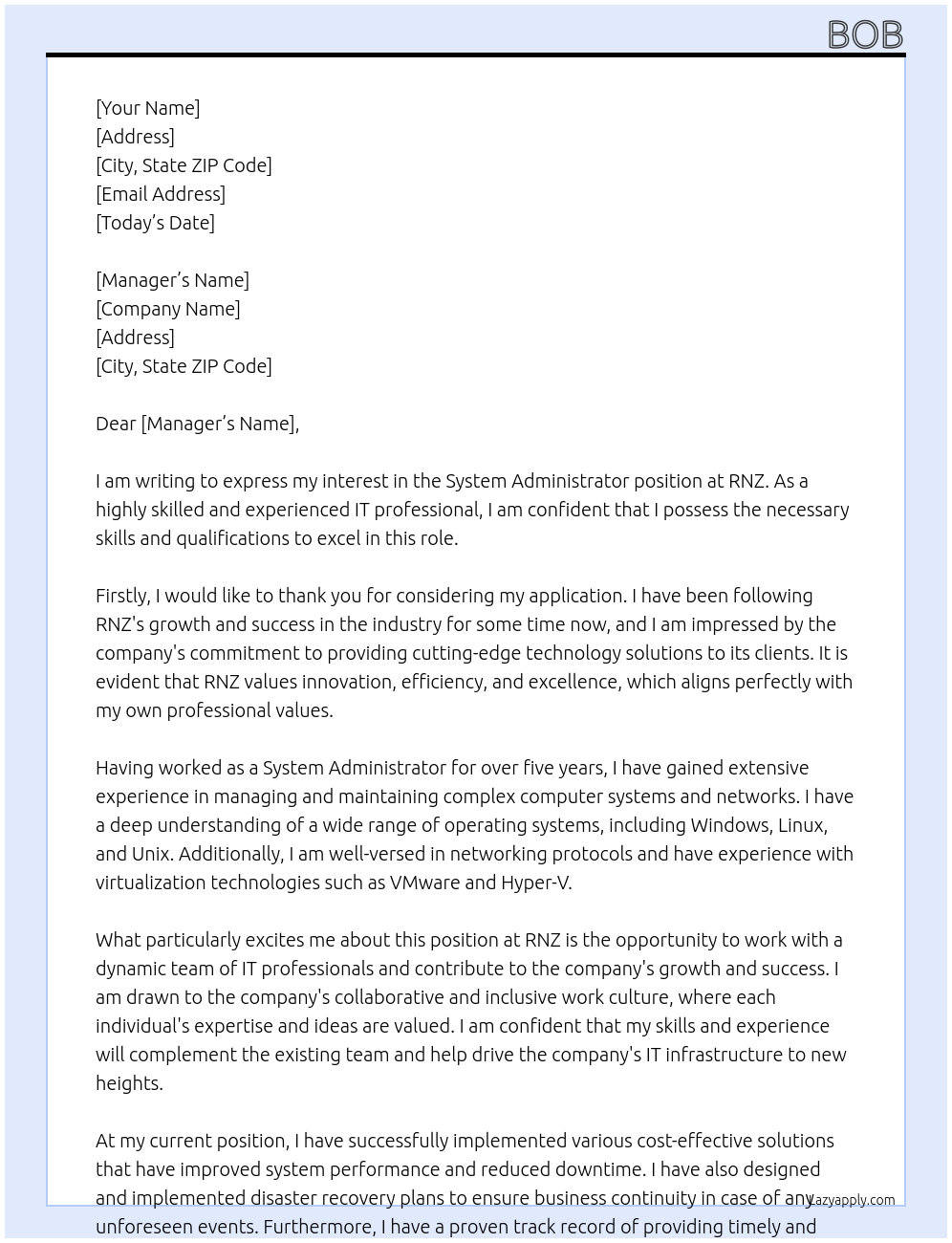 system administrator At RNZ Cover Letter