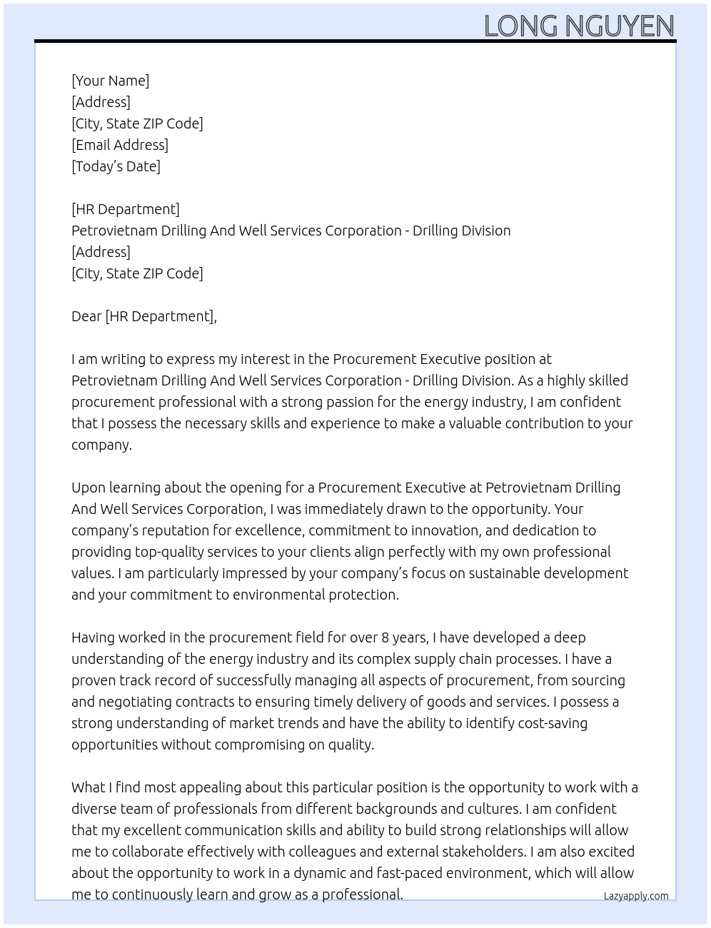 Procurement Executive At Petrovietnam Drilling And Well Services Corporation - Drilling Division Cover Letter