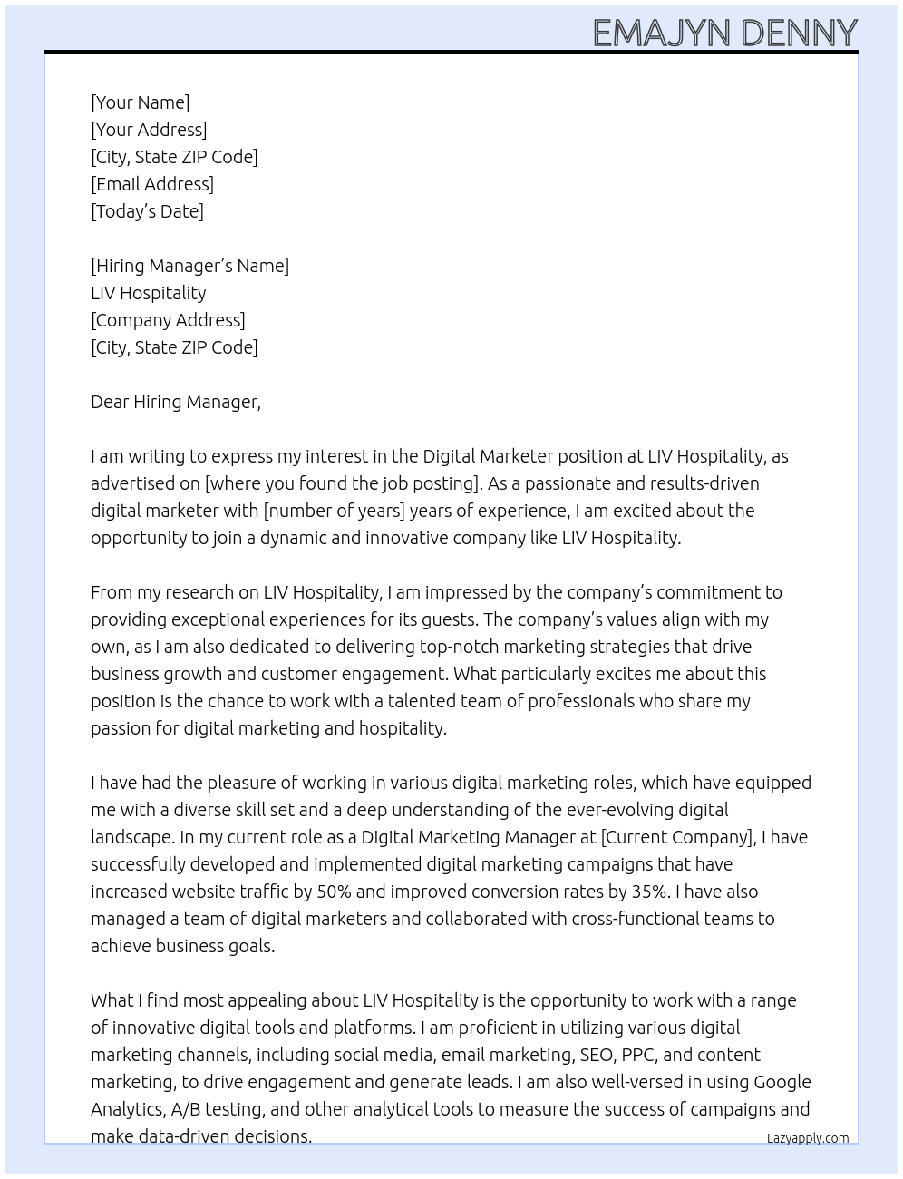 Digital Marketer At LIV Hospitality Cover Letter
