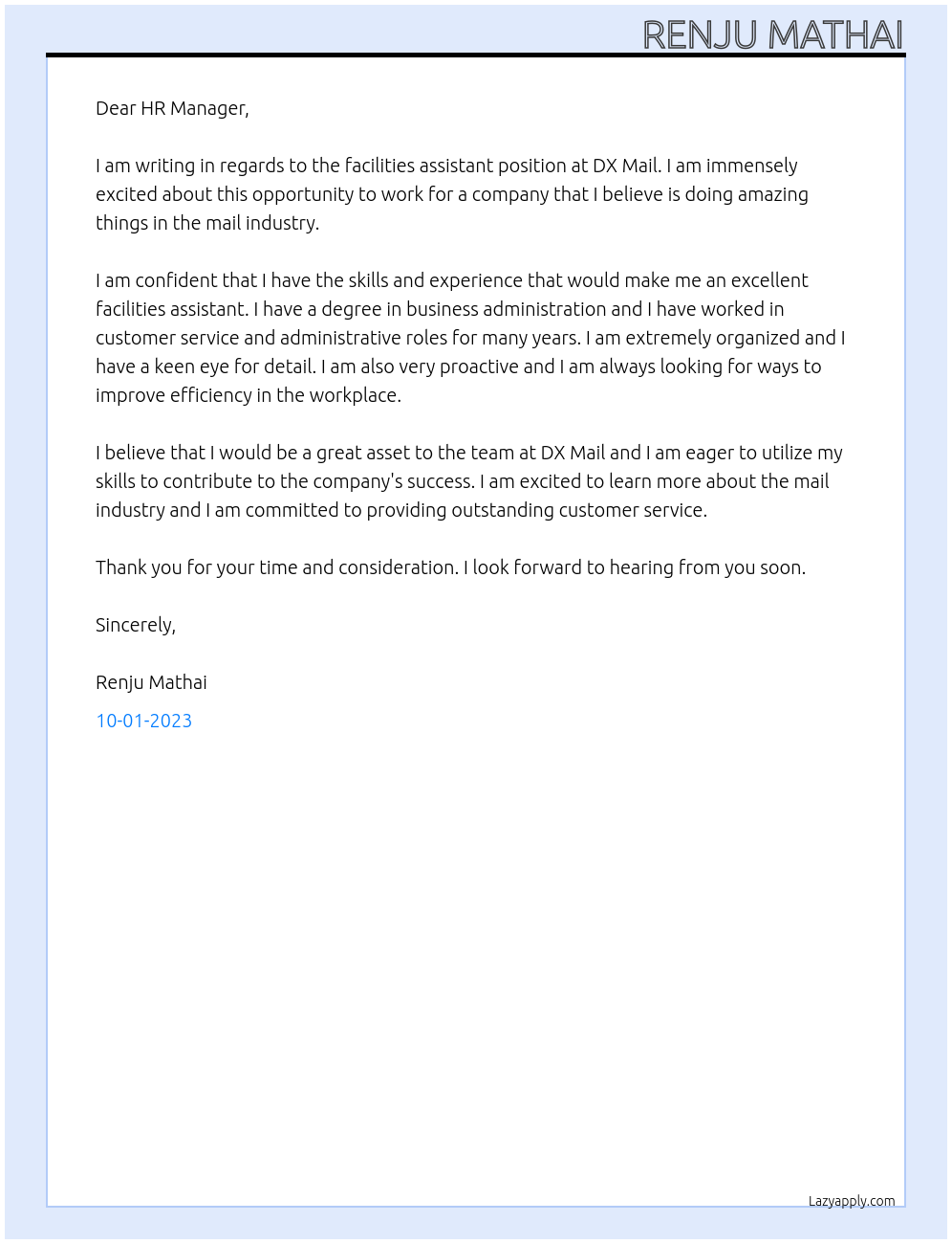 Facilities Assistant At DX Mail Cover Letter