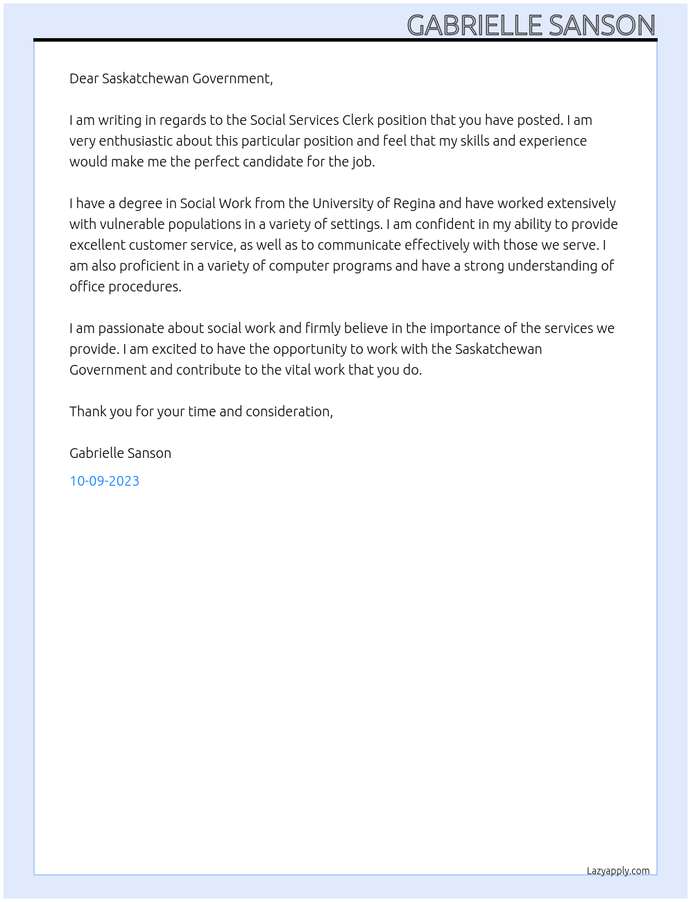 Clerk At Saskatchewan Government Cover Letter