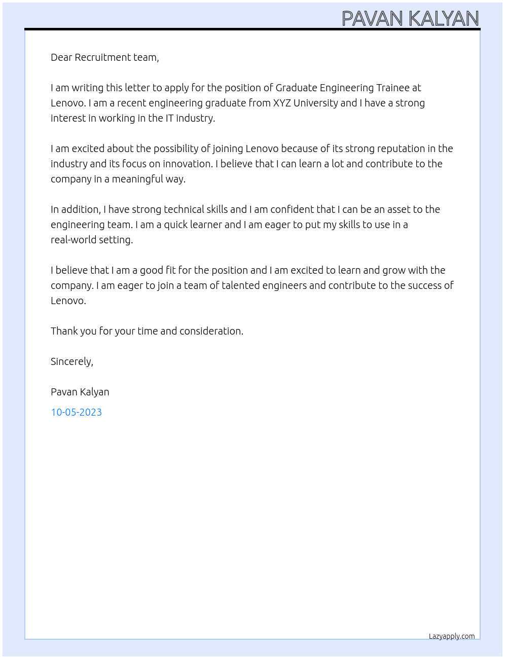 Graduate Engineering Trainee At Lenovo Cover Letter