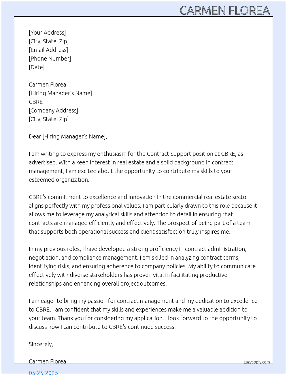 Contract Support  At CBRE Cover Letter