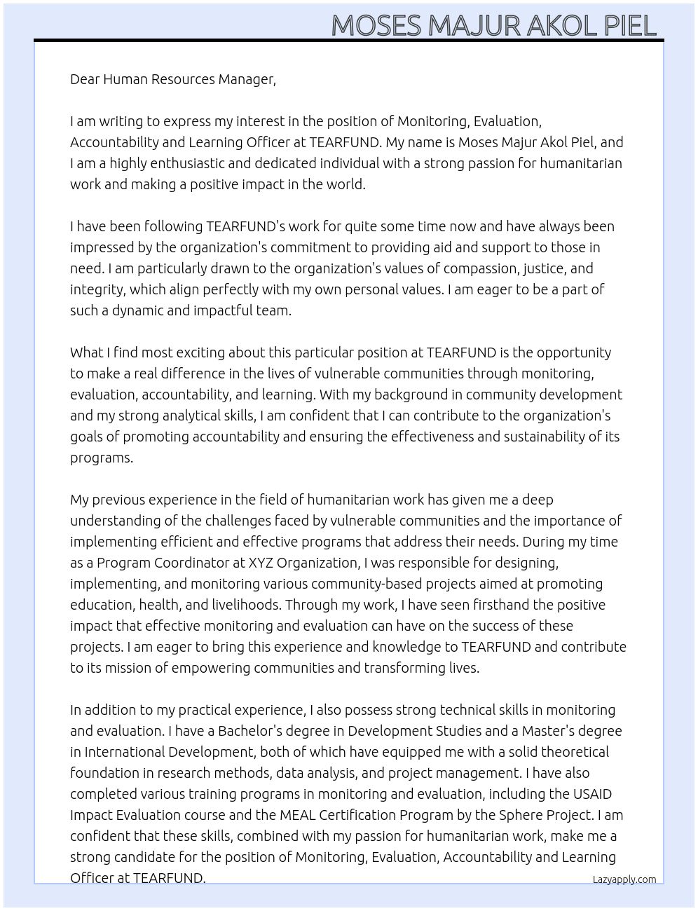 Monitoring, Evaluation, Accountability and Learning Officer At TEARFUND Cover Letter