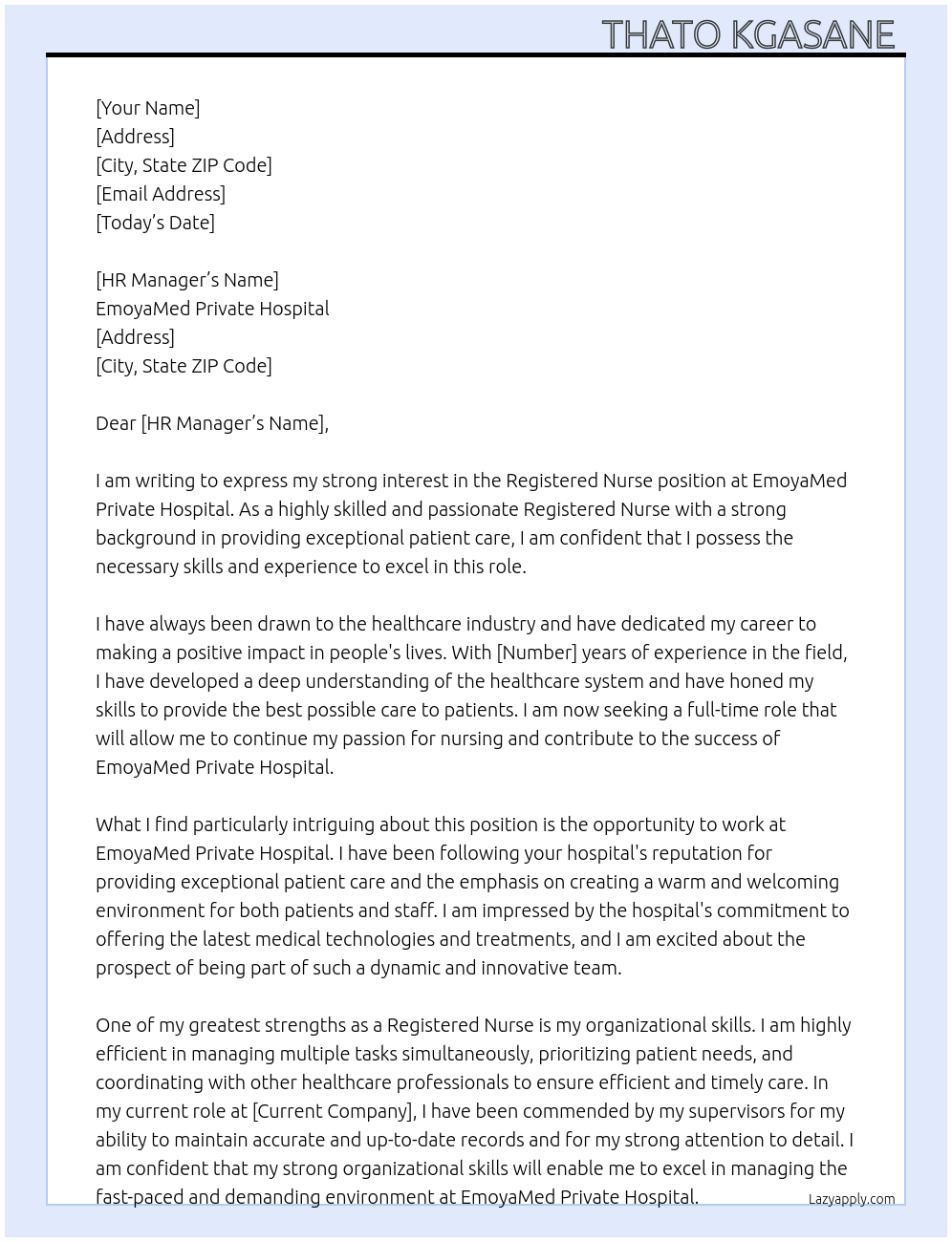Registered Nurse At EmoyaMed Private Hospital Cover Letter