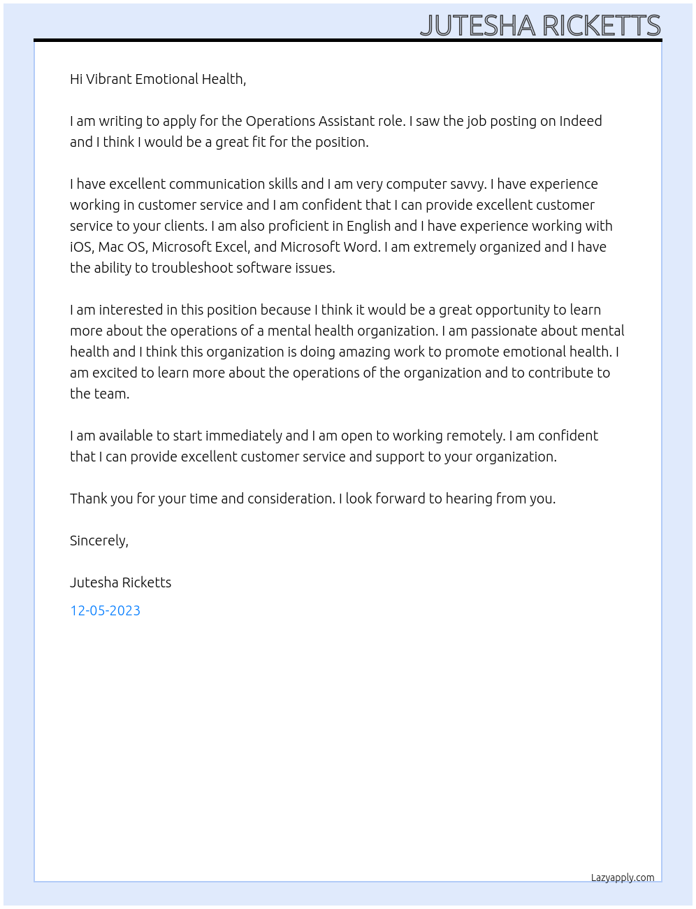 Operations Assistant At Vibrant Emotional Health Cover Letter