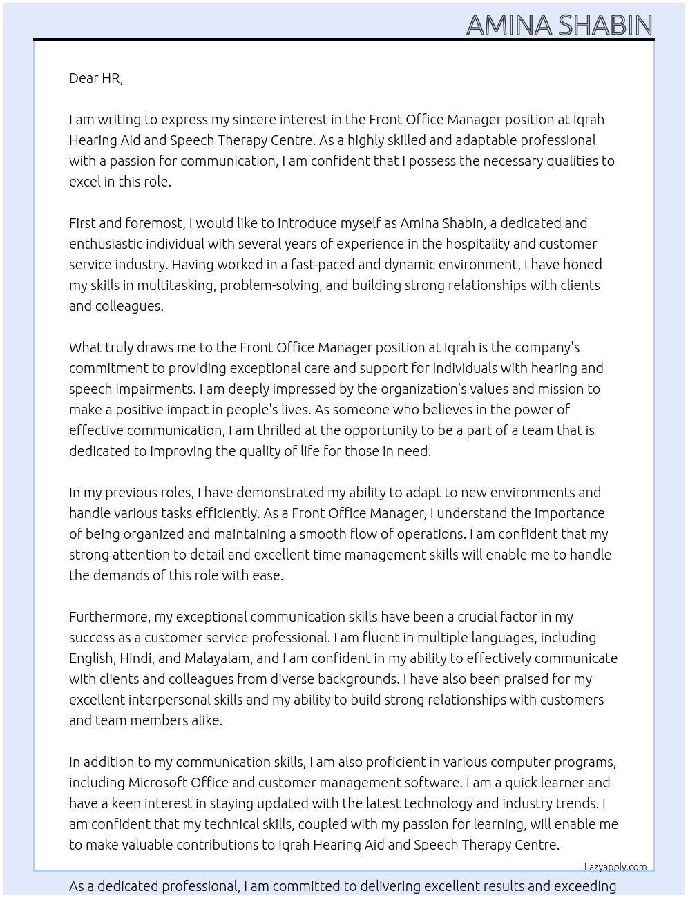 Front office manager At Iqrah hearing aid and speech therapy centre Cover Letter