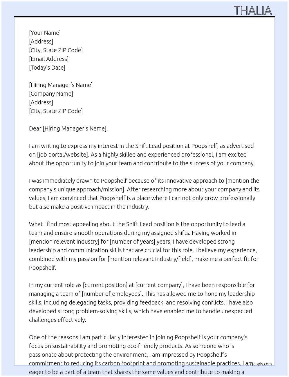 shift lead At poopshelf Cover Letter