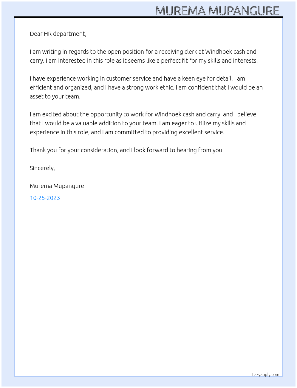 Receiving Clerk At Windhoek cash and carry Cover Letter