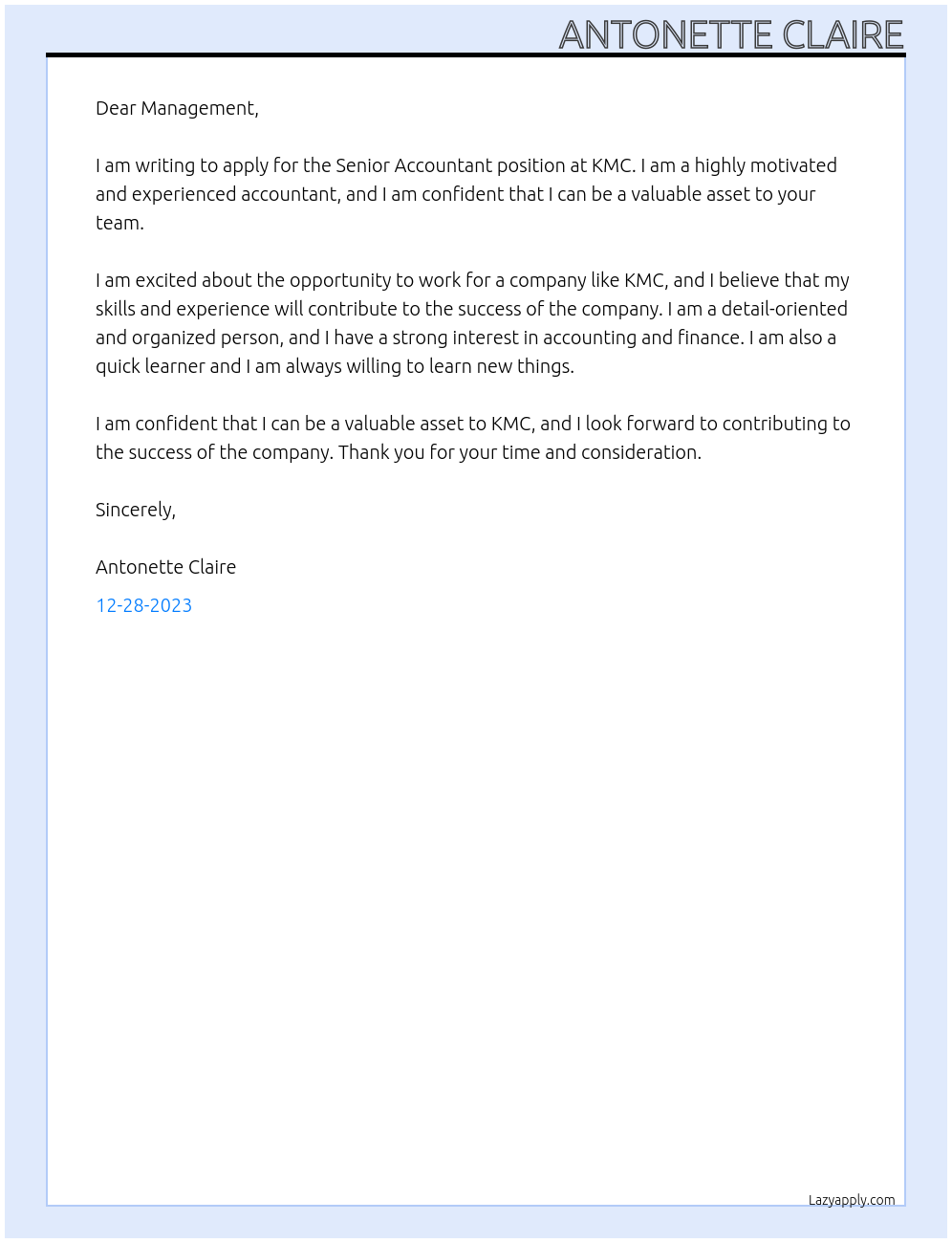 Senior Accountant At KMC Cover Letter