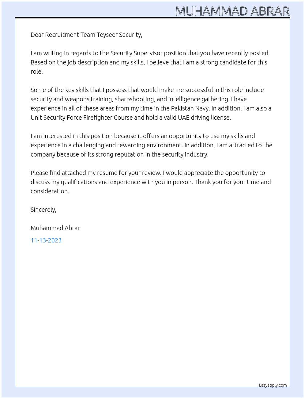 Security Supervisor  At Teyseer Security Services Cover Letter