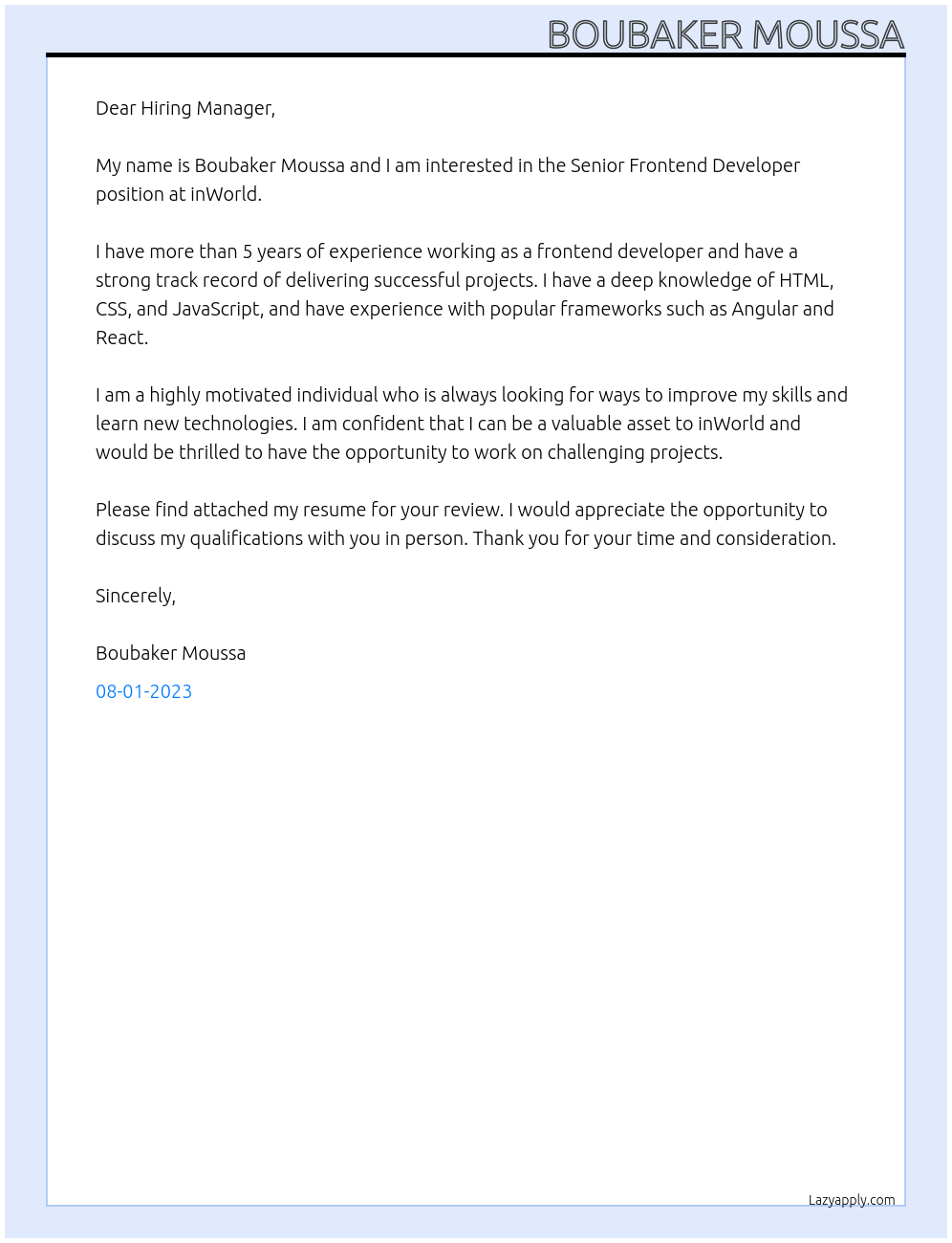 Senior Frontend Developer At inWorld Cover Letter