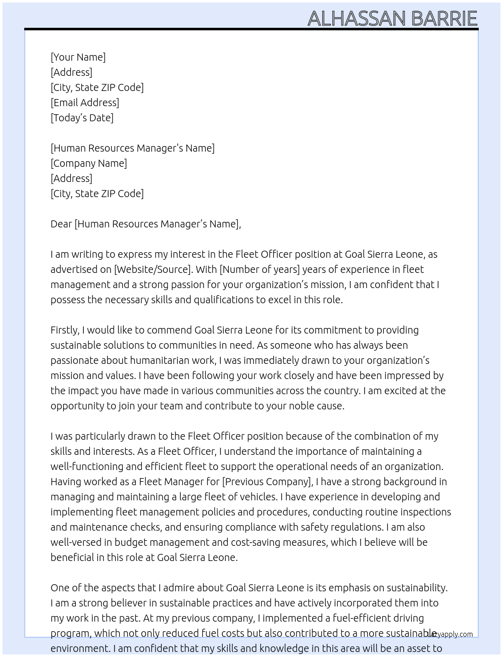 Fleet officer At Goal Sierra leone  Cover Letter