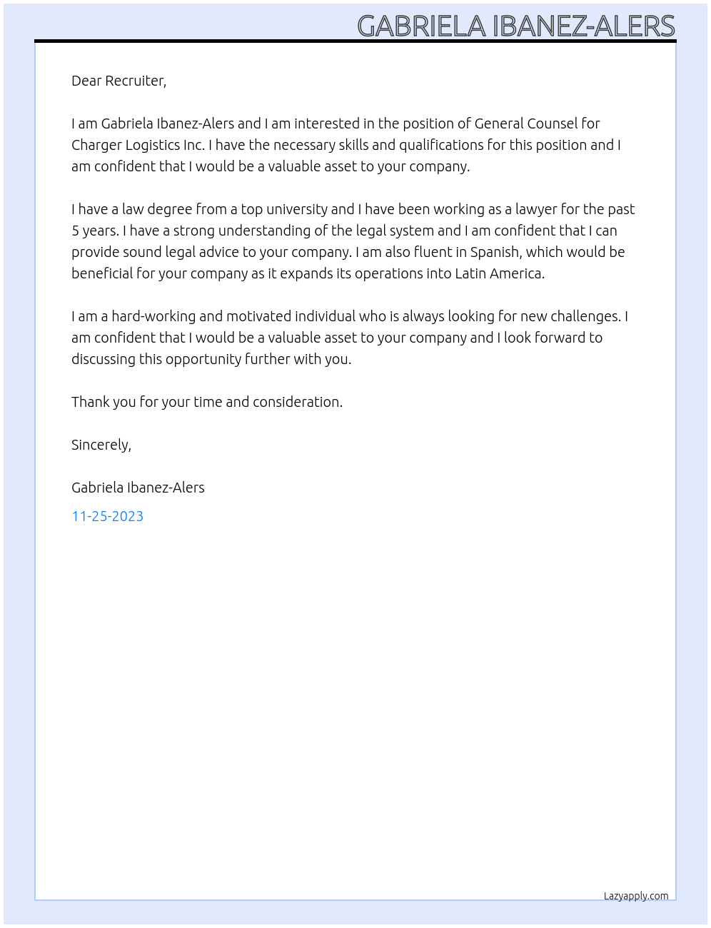 General Counsel At Charger Logistics Inc. Cover Letter