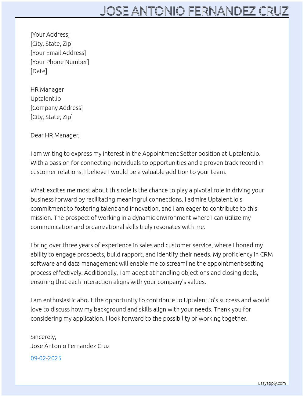 appointment setter At uptalent.io Cover Letter