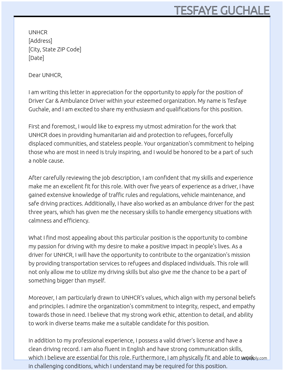 Driver Car & Ambulance Driver At UNHCR Cover Letter